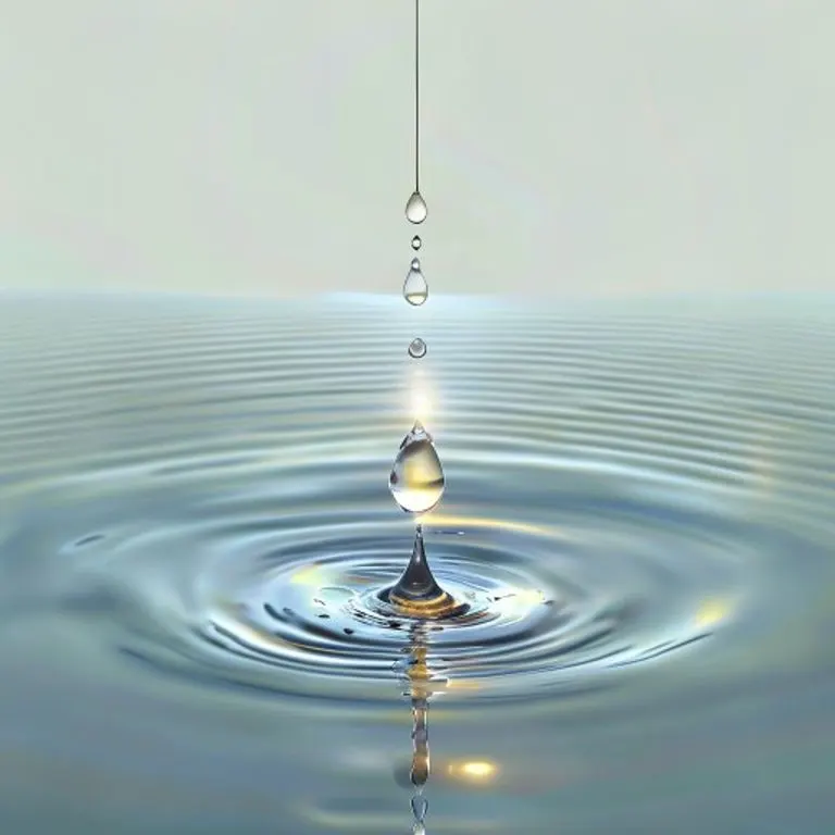 Ilustración 3D de una gota de agua luminosa cayendo en un estanque, creando ondas de luz.