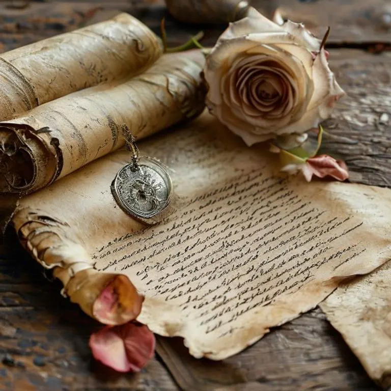 Ilustración vintage de un pergamino antiguo con caligrafía, una medalla de la Virgen María y un pétalo de rosa seco sobre un escritorio de madera.