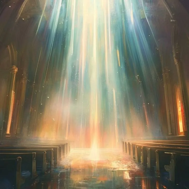 Pintura digital abstracta de tres haces de luz etéreos que descienden sobre un interior de capilla tranquilo, simbolizando los horarios de oración del Ángelus.