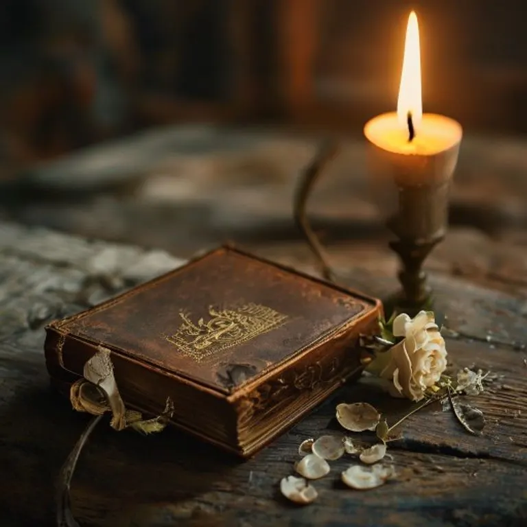 Un antiguo libro de oraciones de cuero abierto sobre una mesa de madera, con una vela parpadeante y una medalla de ángel de la guarda de plata, creando una atmósfera de contemplación sagrada.
