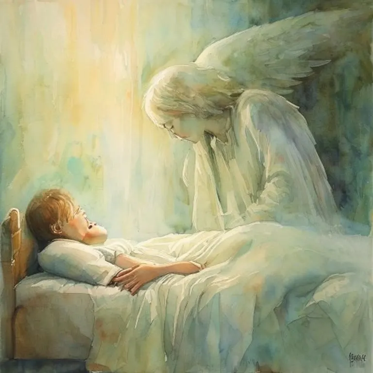 Pintura de acuarela que muestra a un niño durmiendo plácidamente en una cama, con la silueta translúcida de un ángel guardián benévolo que lo observa, evocando inocencia y protección.