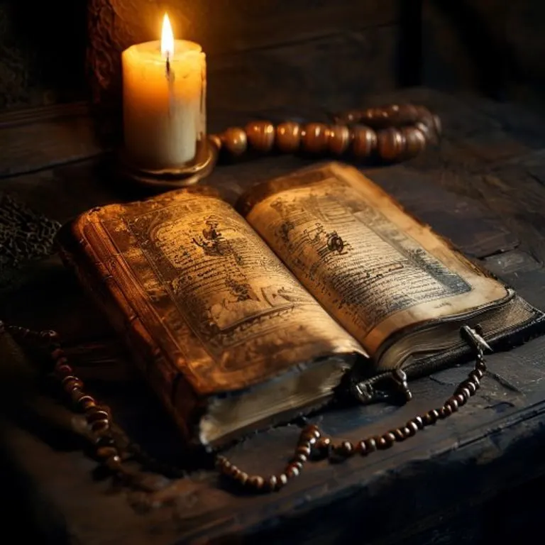 Libro de oraciones antiguo con una ilustración de espada, rosario y vela encendida sobre un altar de madera.