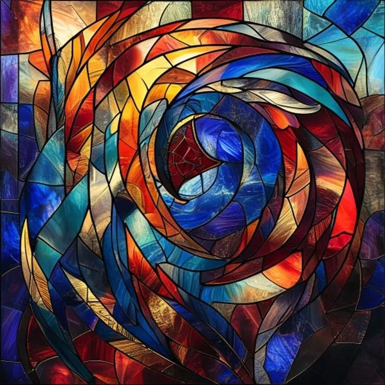 Vitral con patrones abstractos de luz y sombra, con formas sutiles de escudo y pluma, en tonos azules y dorados.