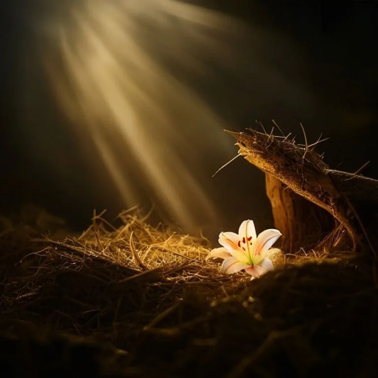 Fotografía cinematográfica de un pesebre rústico con paja y un suave resplandor dorado, simbolizando la humildad y la luz del nacimiento de Jesús. Sin figuras humanas.