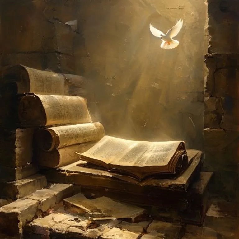 Pintura conceptual de pergaminos antiguos y libros sobre un altar de piedra, iluminados por una luz suave y mística, con una paloma luminosa flotando, representando la sabiduría divina y la revelación espiritual.