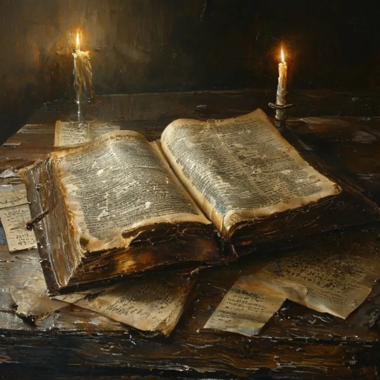 Antigua Biblia abierta sobre una mesa de madera, con pergaminos y una vela.