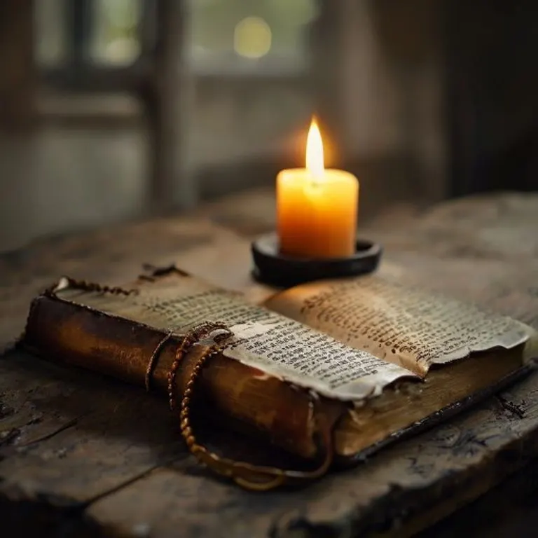 Primer plano de un antiguo libro de oraciones de cuero abierto, con un rosario desgastado y una vela encendida, evocando un ambiente de devoción y antigüedad.