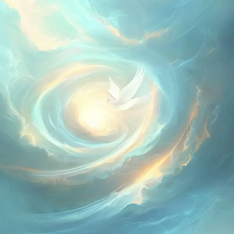 Ilustración digital conceptual de nubes luminosas y etéreas con destellos dorados, formando una silueta abstracta de luz ascendente, simbolizando la conexión espiritual y la paz divina.