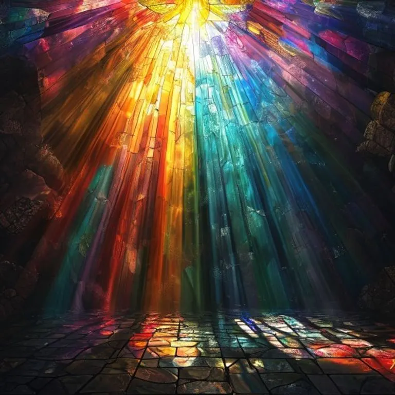 Luz de vitrales en un suelo de iglesia, simbolizando la Trinidad