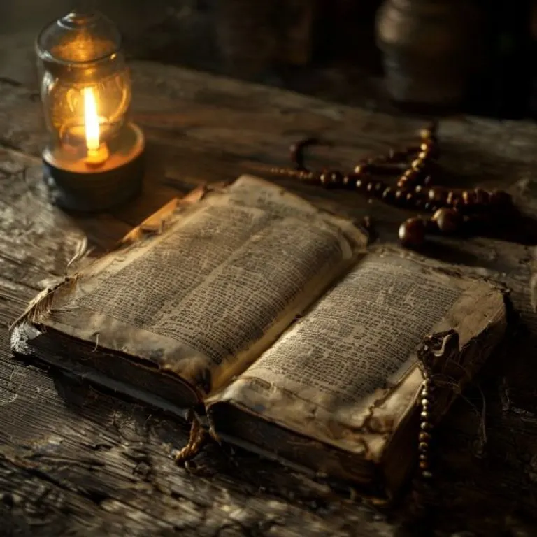 Una Biblia antigua abierta en una mesa rústica con una lámpara de aceite y un rosario, simbolizando la fe y la tradición.