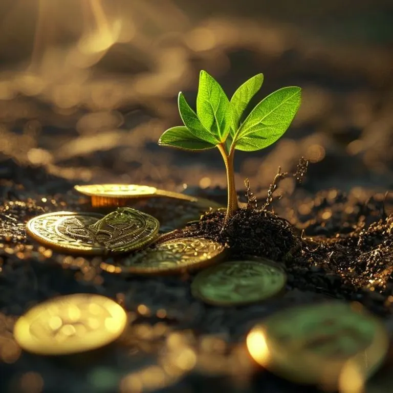Ilustración 3D de monedas de oro antiguas y un brote verde emergiendo de la tierra, simbolizando el origen divino de la riqueza y el crecimiento económico.