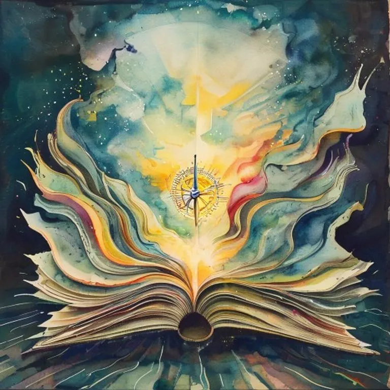 Pintura acuarela de un libro abierto y luminoso, cuyas páginas se transforman en flujos de luz que guían a una brújula estilizada apuntando hacia un sol naciente, simbolizando la sabiduría divina y la guía en el camino financiero.