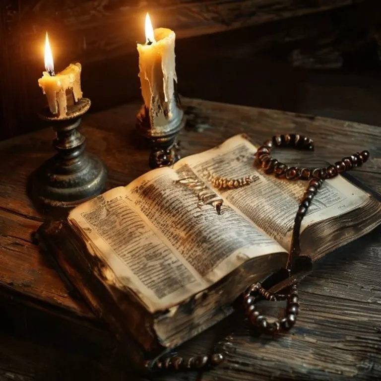 Biblia abierta con rosario y crucifijo sobre un altar de madera, iluminada por una vela, evocando devoción antigua.