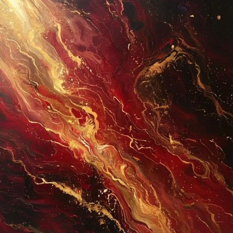 Pintura abstracta con remolinos dinámicos de colores carmesí y dorado entrelazados, simbolizando el poder divino y la purificación espiritual.