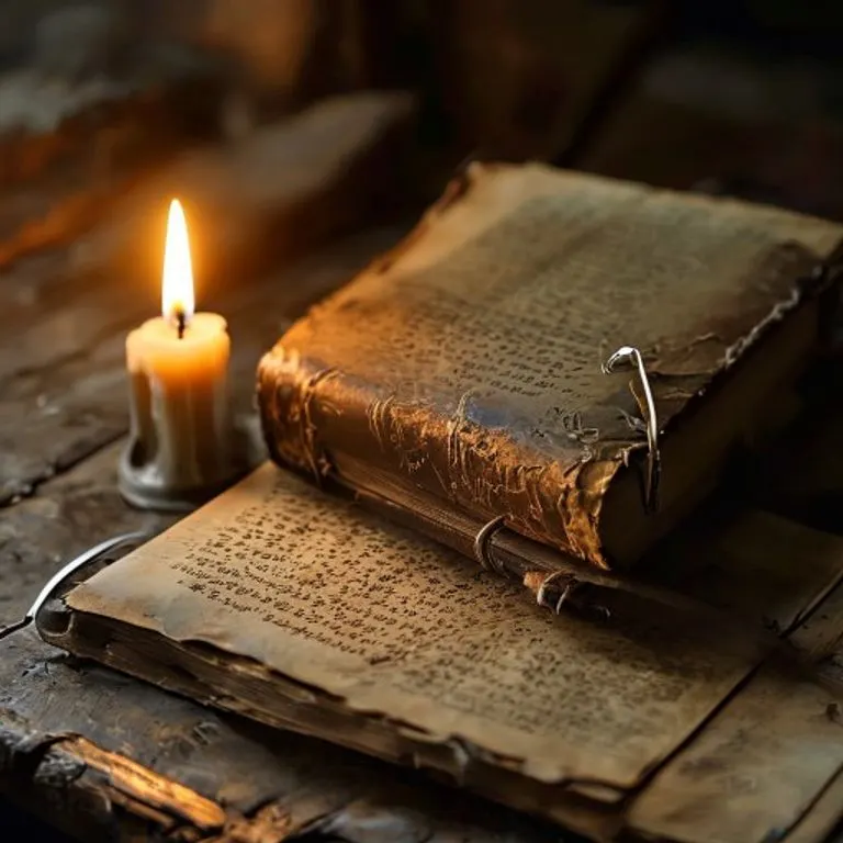 Una Biblia antigua de cuero abierta sobre una mesa de madera rústica, con una pluma y una vela parpadeante. Las páginas están amarillentas con escritura antigua.
