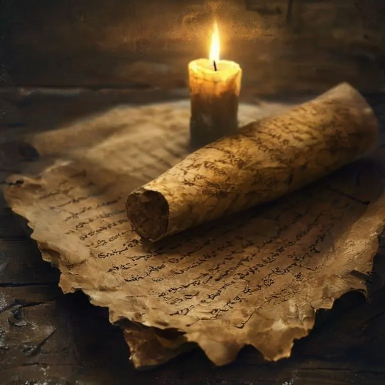 Un pergamino antiguo con escritura latina, iluminado por una vela, simbolizando la sabiduría monástica y la tradición. Detalle macro.
