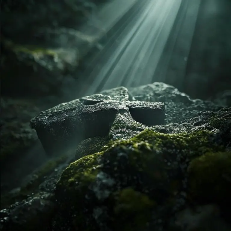 Una cruz de metal incrustada en piedra antigua, con luz mística y niebla, simbolizando la protección divina en tiempos de lucha espiritual. Vista detallada.