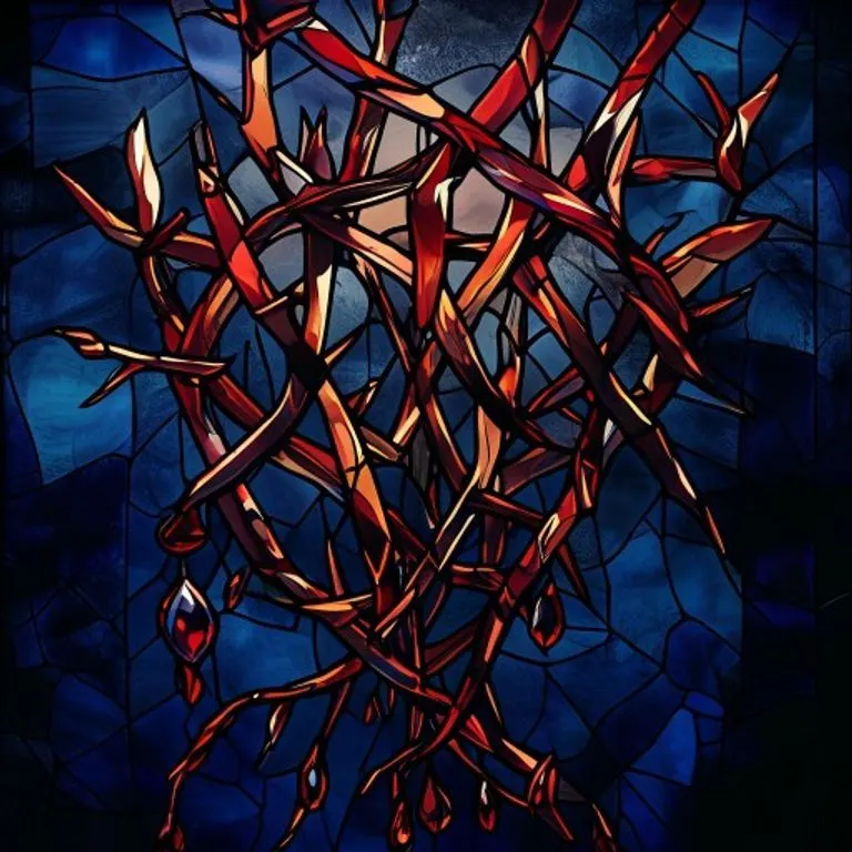 Arte de vitral con espinas entrelazadas y gotas rojas, simbolizando la coronación de espinas.