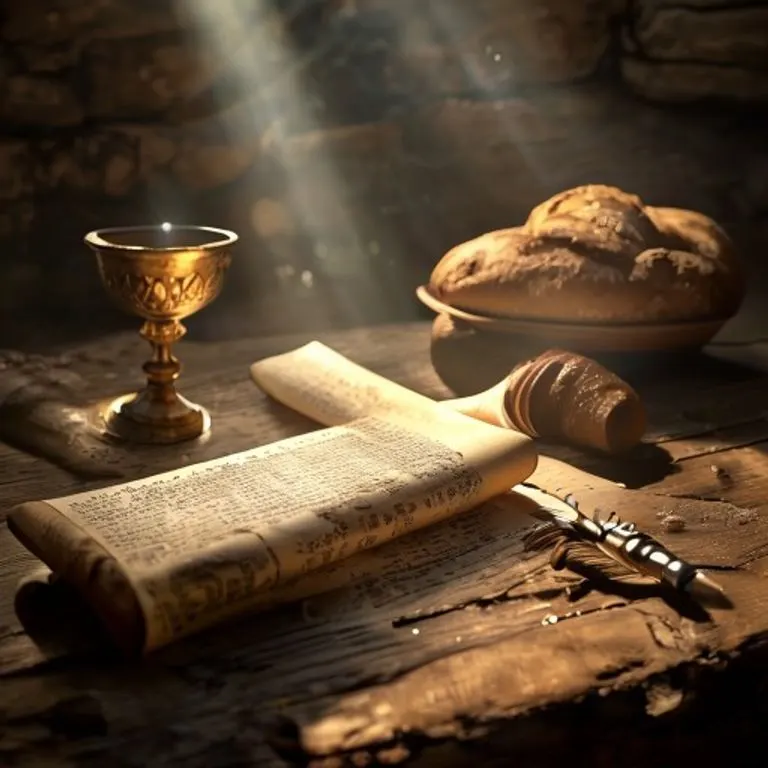 Bodegón cinematográfico de pergaminos antiguos y una pluma de ave sobre una mesa de madera desgastada, iluminados por un rayo de luz suave. Un cáliz y pan están sutilmente desenfocados al fondo, evocando la palabra de Dios y la Eucaristía.