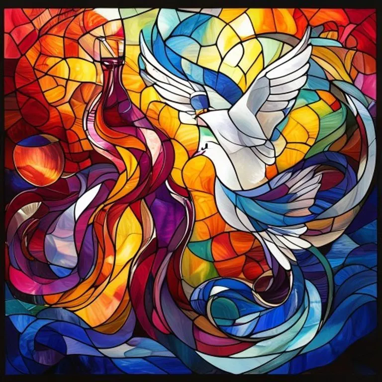 Arte conceptual estilo vidriera que representa formas abstractas de agua, vino y una paloma, fluyendo en colores vibrantes. La composición evoca transformación y presencia divina sin figuras humanas, simbolizando los misterios de la fe.