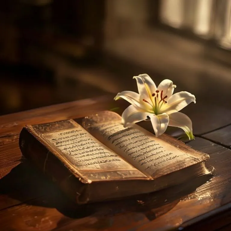 Bodegón cinematográfico de un antiguo libro de oraciones abierto sobre una mesa de madera, con un lirio iluminado, simbolizando la pureza y la resurrección de Cristo.