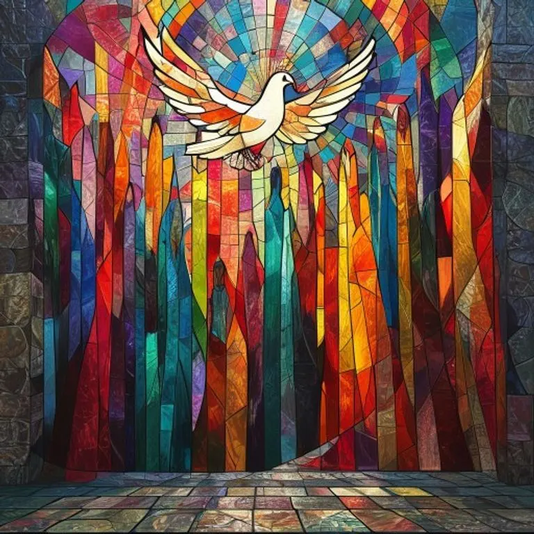 Arte de vitral abstracto que representa figuras ascendiendo y una paloma descendiendo, con patrones geométricos vibrantes, evocando la presencia divina y el viaje espiritual.