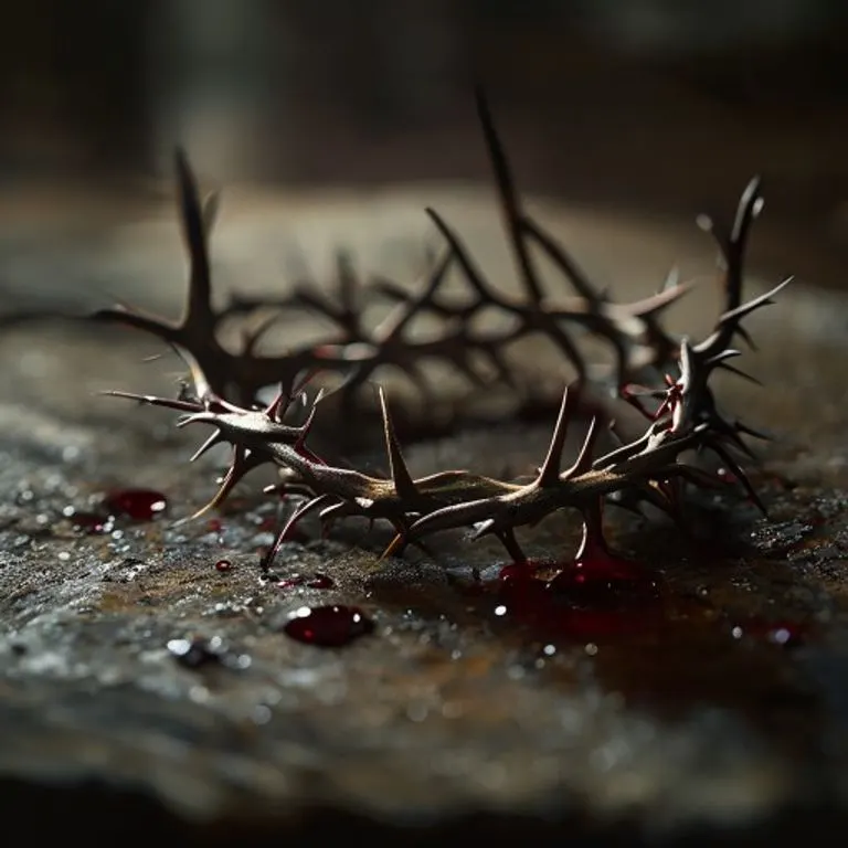 Fotografía cinematográfica de una corona de espinas envejecida, con gotas de sangre seca, sobre una superficie de madera rústica, iluminada por una luz dramática que acentúa su textura y simbolismo.