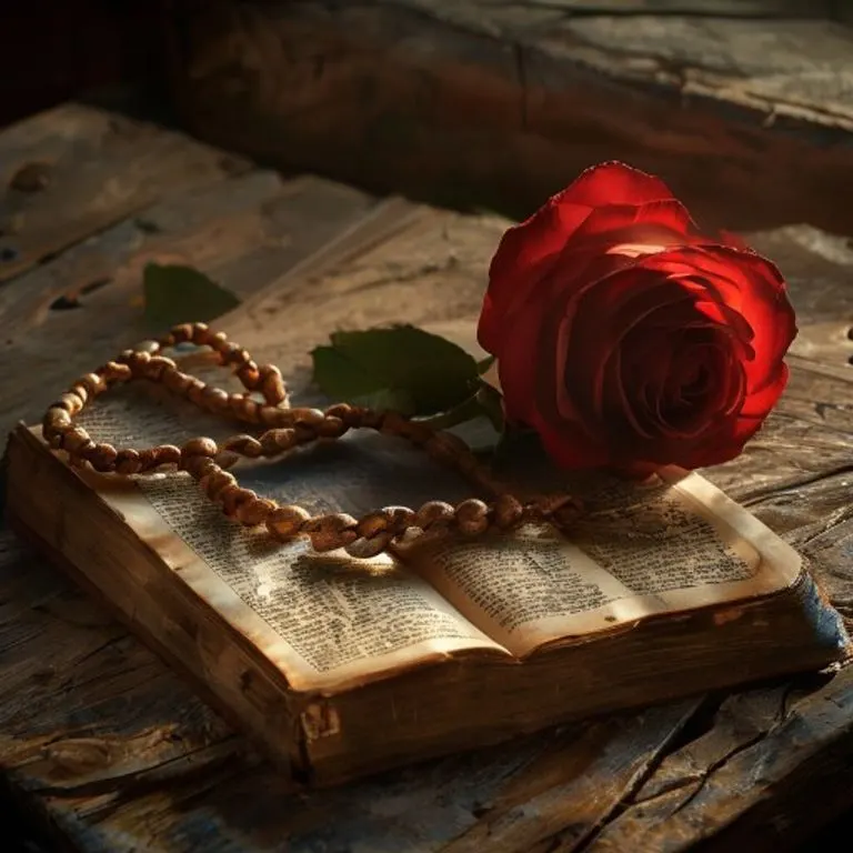 Un rosario antiguo de madera sobre una Biblia abierta, con una rosa roja al lado, simbolizando la devoción y la fe.