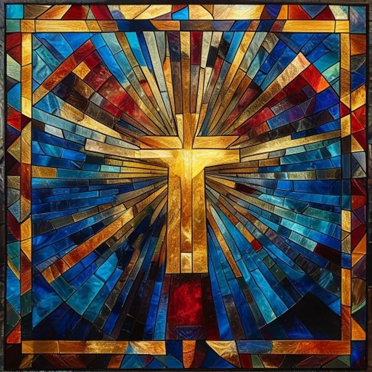 Arte de vitral abstracto que representa la luz divina y las virtudes teologales con patrones geométricos en tonos azules, dorados y rojos.