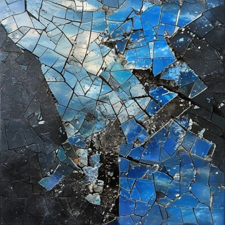 Mosaico de vidrio roto que se reensambla en un cielo azul, simbolizando la curación