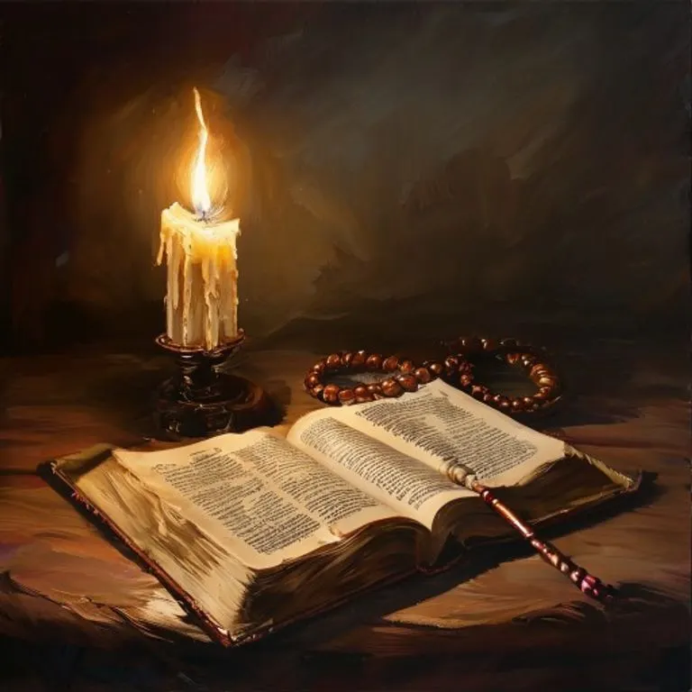 Óleo de una Biblia abierta con un rosario y una pluma, simbolizando la oración escrita.