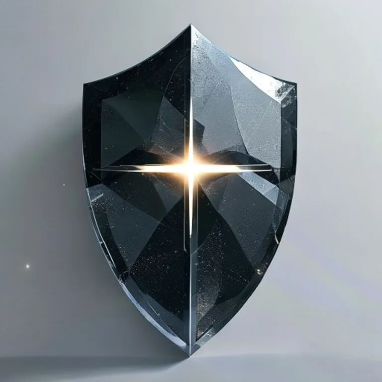 Ilustración 3D de un escudo de luz con una cruz, protegiendo contra formas oscuras.