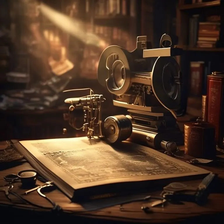 Vintage film projector illuminating old scripts and awards, symbolizing the enduring legacy of Rat artists.