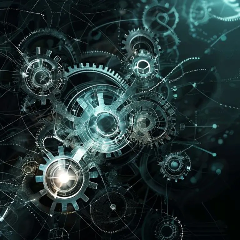 Abstract digital illustration of glowing gears and cogs, symbolizing the complex strategic mind and intellectual prowess of Rat individuals.