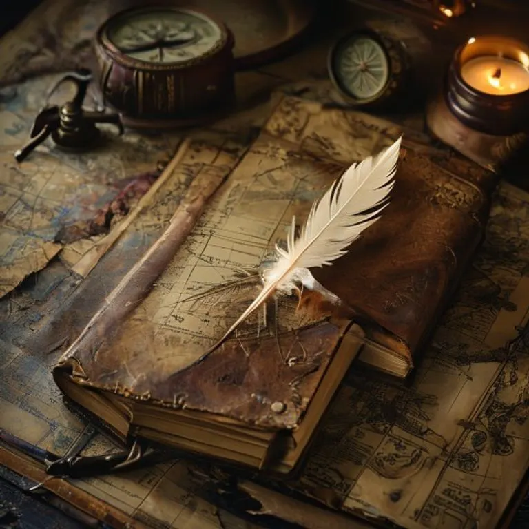 A vintage leather-bound journal open to pages filled with handwritten notes and sketches, a quill pen resting on it, surrounded by old maps and a brass compass, all bathed in warm, soft light.