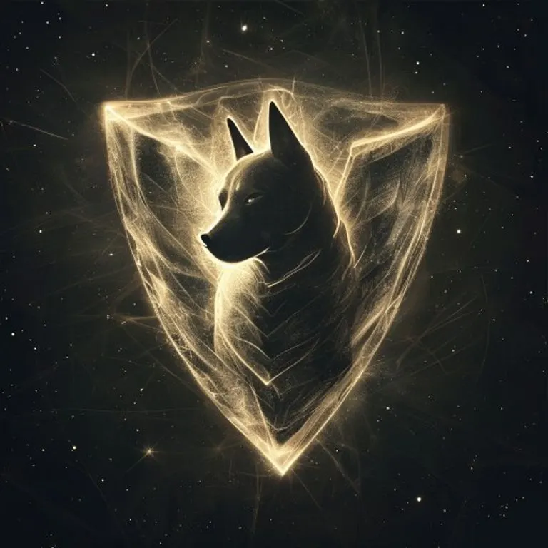 An abstract, glowing guardian shield, crafted from intricate light patterns, floats in a dark, cosmic expanse with faint stars, symbolizing unwavering protection and courage.