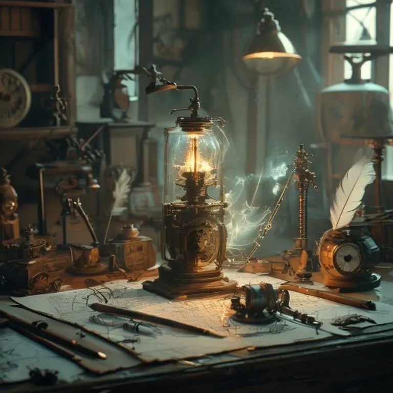 A macro photograph of an ancient, intricate clockwork mechanism surrounded by faded blueprints and glowing abstract energy, symbolizing the Monkey's innovative mind and problem-solving abilities.