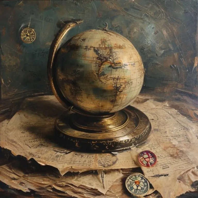 A conceptual oil painting of a weathered globe with a compass and faded historical documents, symbolizing the Monkey's strategic influence and leadership across time and cultures.