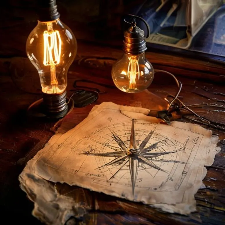 An antique drafting compass, blueprints, and a glowing incandescent light bulb on a worn wooden desk.