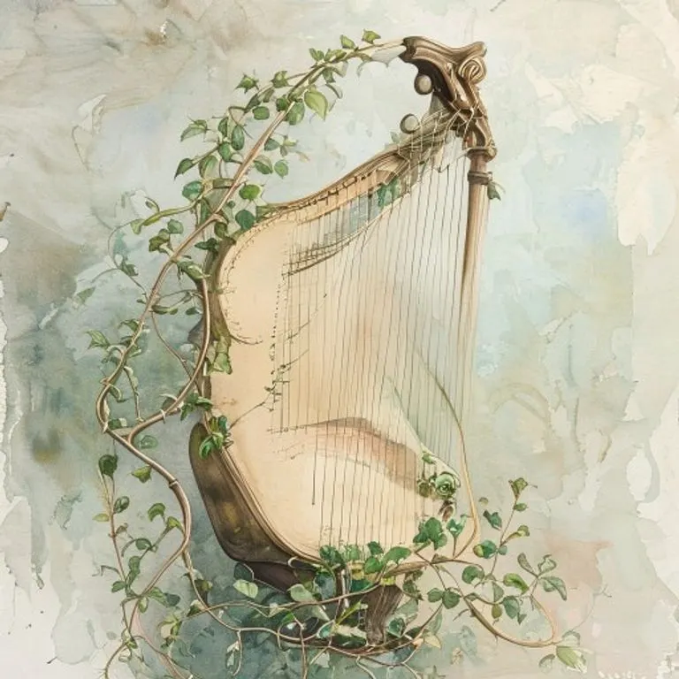 A delicate, intertwined vine growing around a classical lyre, set against a backdrop of soft, muted tones.