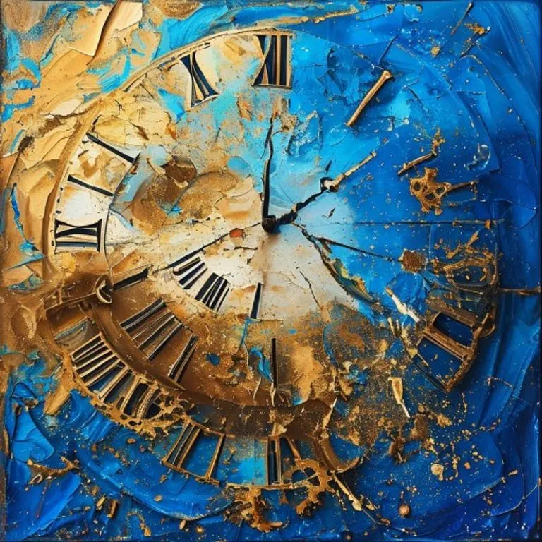 Abstract conceptual art depicting a shattered clock face with gears spilling onto a vibrant, swirling canvas of blues and golds, symbolizing the Horse's restless spirit and adaptability.