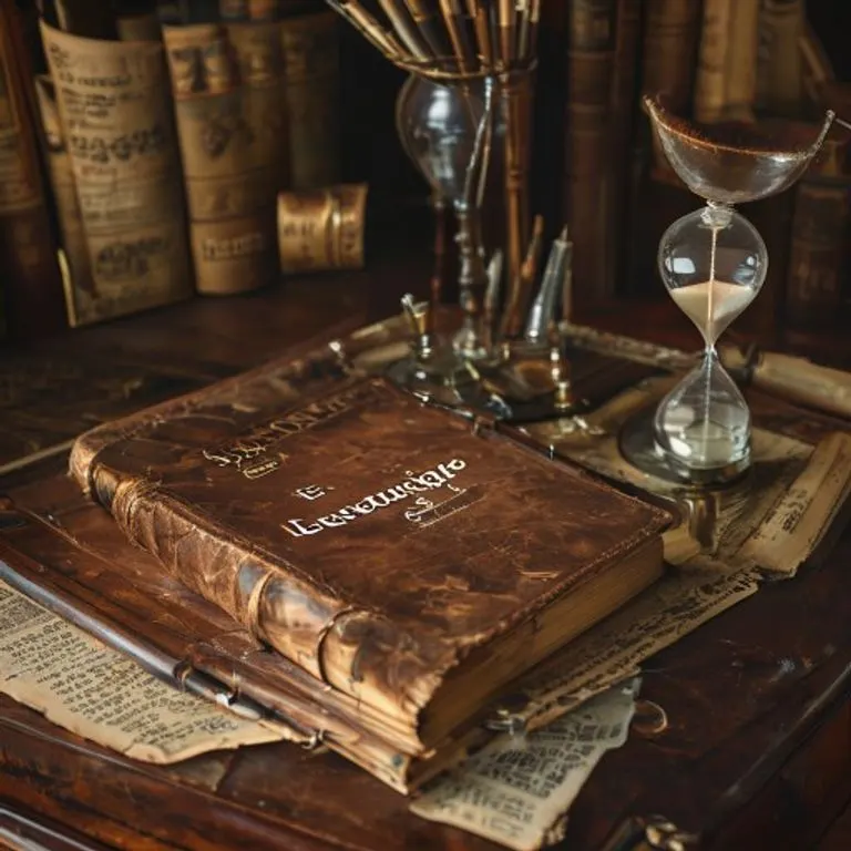Cinematic still life of a vintage book titled 'Enduring Legacies' on a desk with antique writing tools and faded newspaper clippings.
