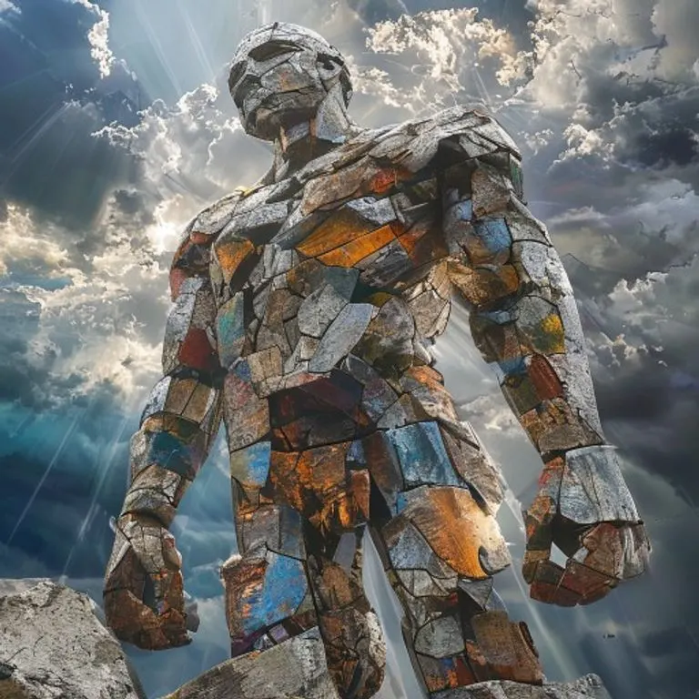 Conceptual art of a fragmented, mosaic-like sculpture of an abstract figure, made from stone, metal, and wood, against a stormy sky.