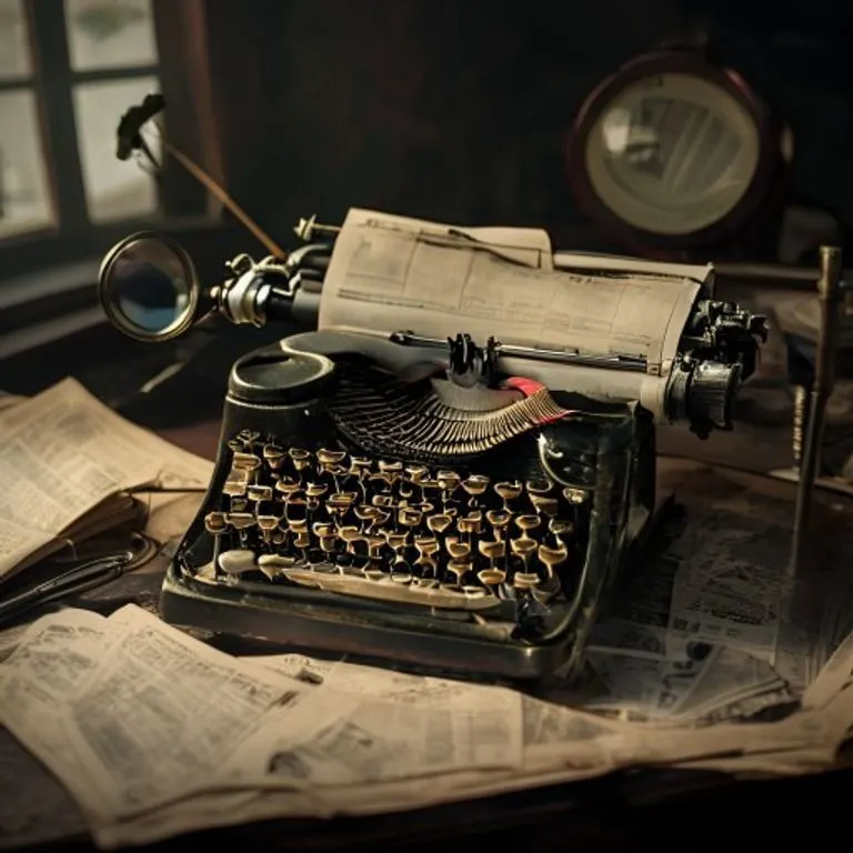 A vintage typewriter on a dark wooden desk, with a half-written manuscript, surrounded by old newspaper clippings and a magnifying glass, under dramatic, focused lighting.