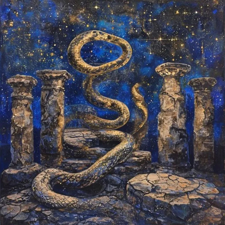 An abstract oil painting of a golden serpent made of light, coiling around ancient stone pillars under a starry sky, evoking wisdom and mystery.