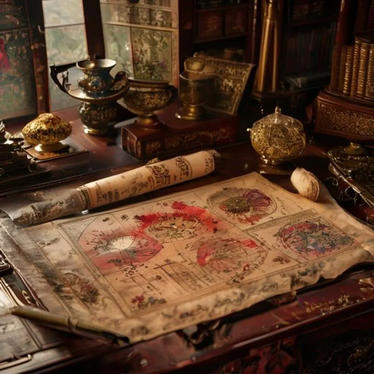 Vintage Chinese astrological charts and ancient scrolls on a desk, symbolizing historical impact.