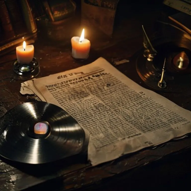 A vintage 1977 newspaper with a headline about a rising star, a flickering candle, and a worn vinyl record sleeve, symbolizing media impact and era-specific creativity.
