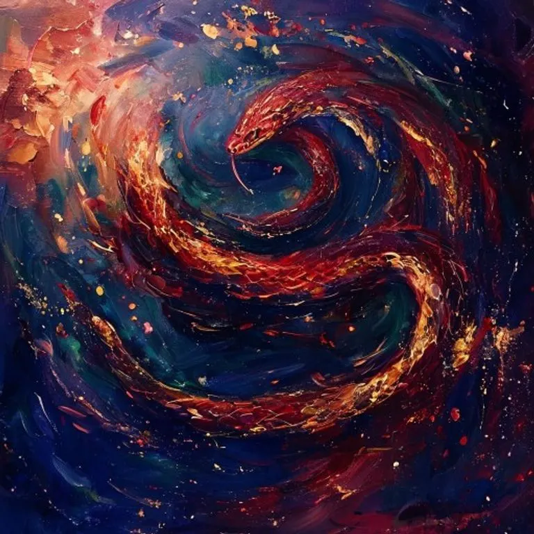An abstract oil painting depicting swirling crimson and gold brushstrokes forming a snake-like figure, representing dynamic movement and hidden wisdom.