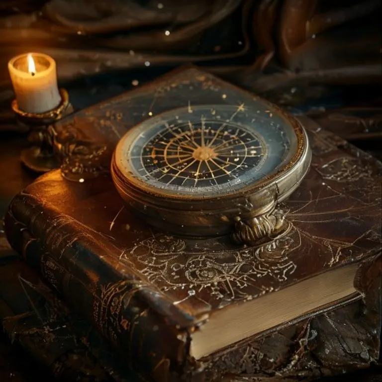 Cinematic still life of an antique astrolabe resting on a worn leather-bound book, illuminated by soft candlelight, with constellations faintly visible in the background, symbolizing ancient wisdom and celestial navigation.