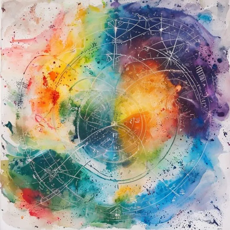 Abstract watercolor painting depicting the four classical elements (fire, earth, air, water) blending harmoniously, with subtle astrological glyphs integrated into the flow, representing the elemental forces shaping personality.